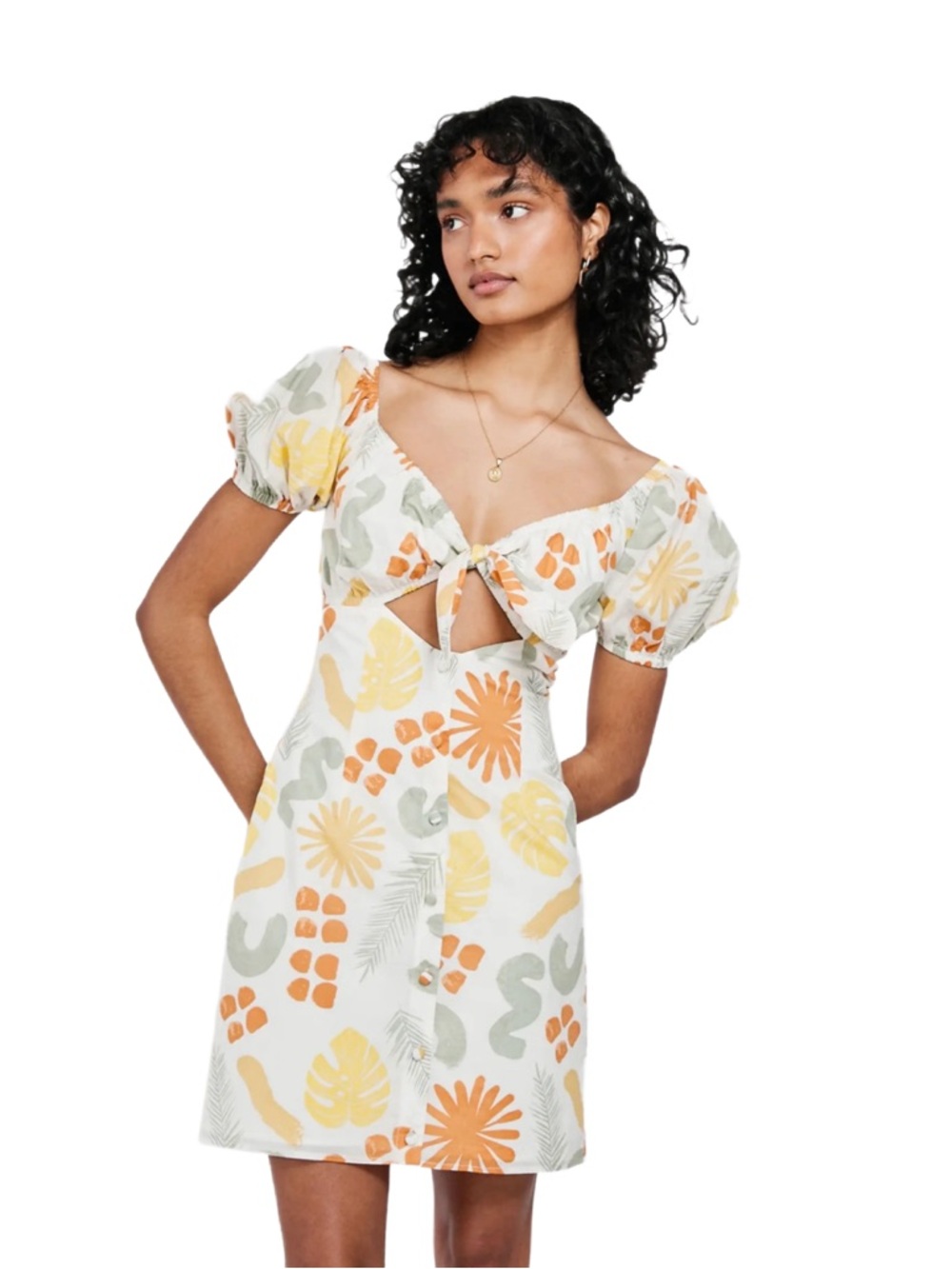 SABO Tropical Print Puff Sleeve Mini Dress Size M 100% Cotton